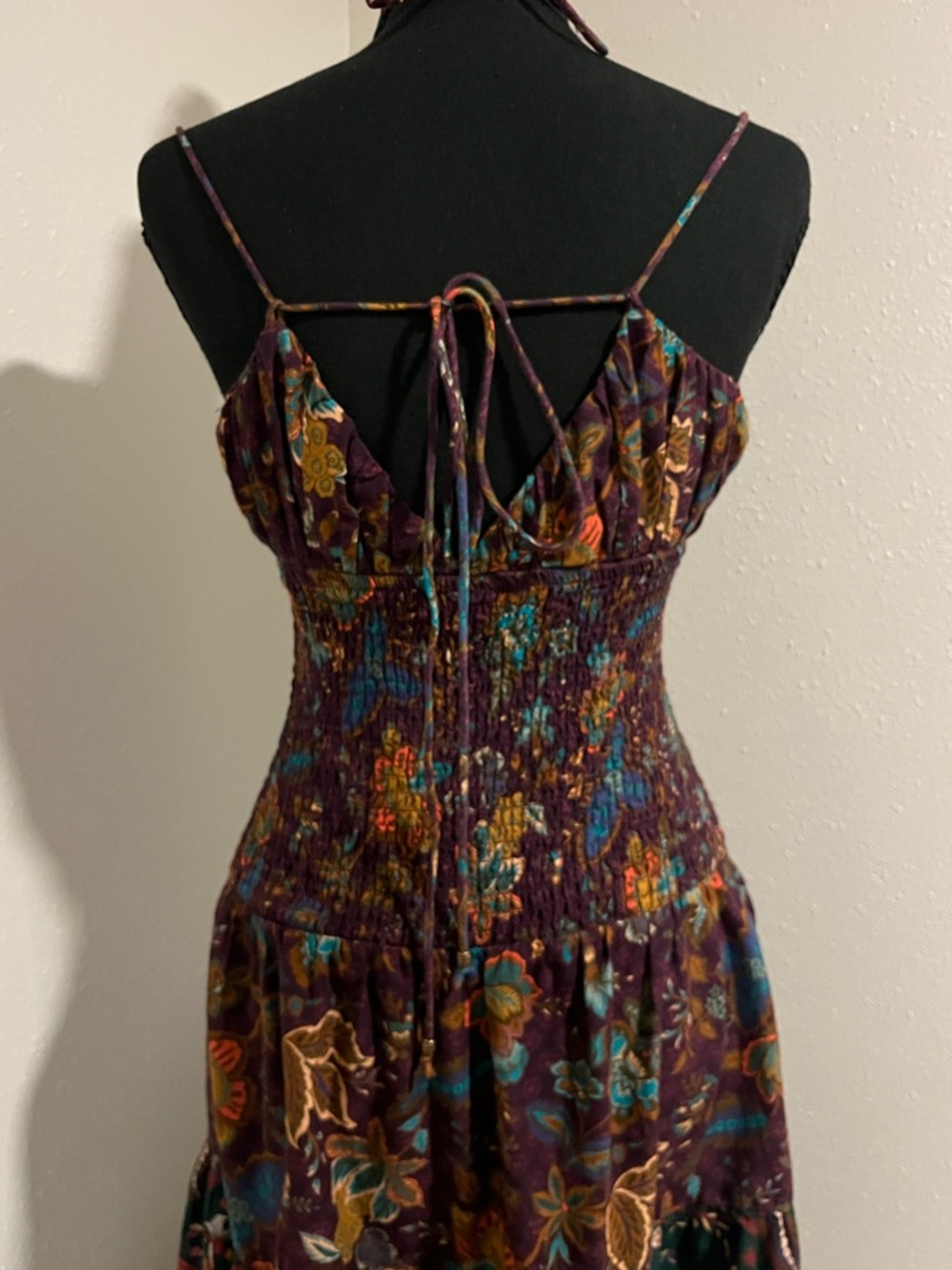 Anthropologie Floral Smocked Midi Dress in Green & Burgundy-Small - Picture 5 of 10